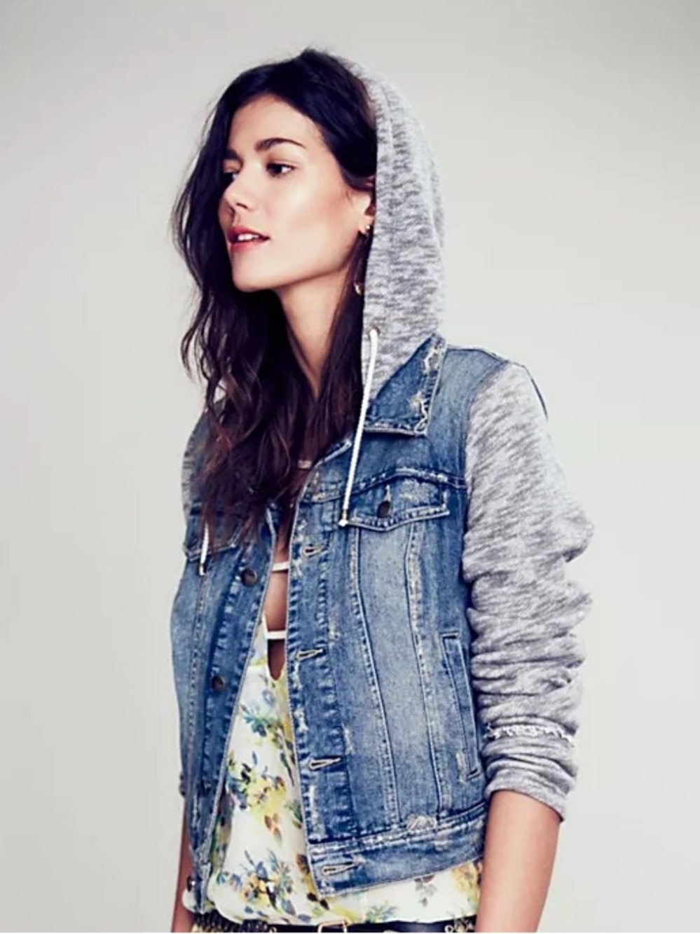 Free People Sz S Denim Knit Hooded Relaxed Casual Jacket